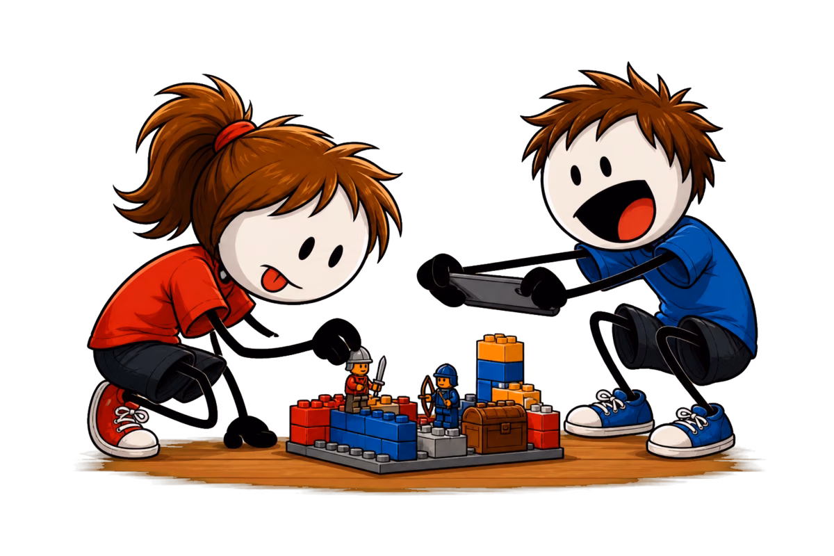 Créer sa BD : deux enfants penchés sur une table photographient au téléphone une scène montée avec des figurines et des briques