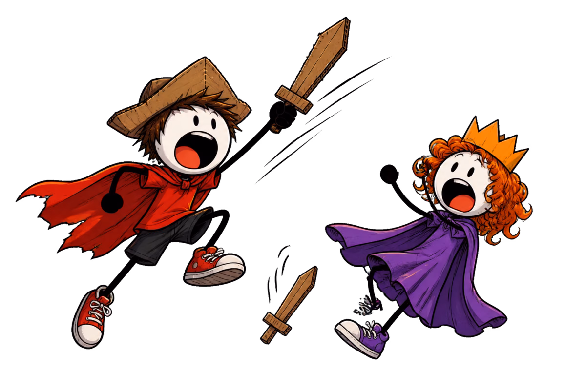 Créer sa BD : deux enfants déguisés en pirate et en reine jouent une scène de bagarre pour la photographier case par case
