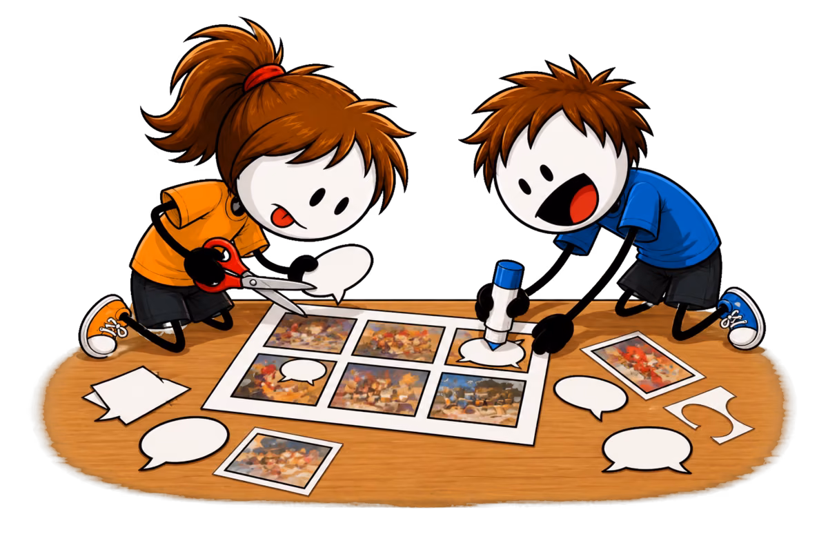Créer sa BD : deux enfants découpent des bulles en papier et collent les photos imprimées sur la planche
