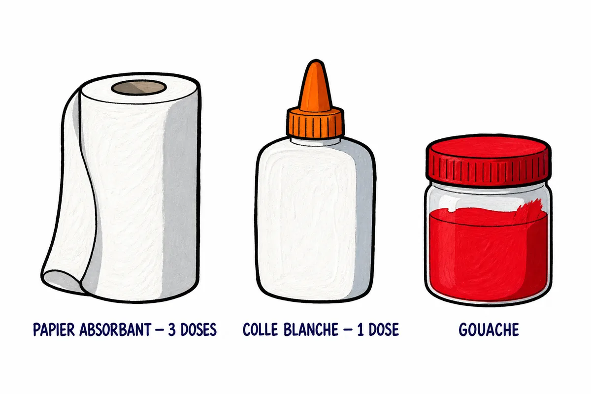 Tableau en pâte à papier colorée : les trois ingrédients de la pâte, du papier absorbant, de la colle blanche et de la gouache