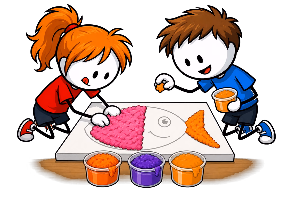 Tableau en pâte à papier colorée : deux enfants poussent de la pâte de papier rose et orange à l'intérieur d'un poisson dessiné au crayon sur une toile