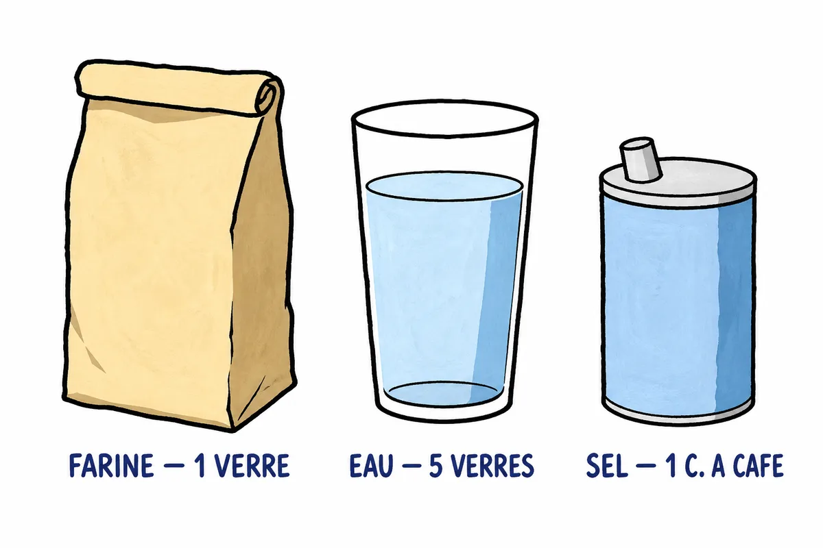 Papier mâché : les trois ingrédients de la colle maison, un verre de farine, cinq verres d'eau et une cuillère à café de sel