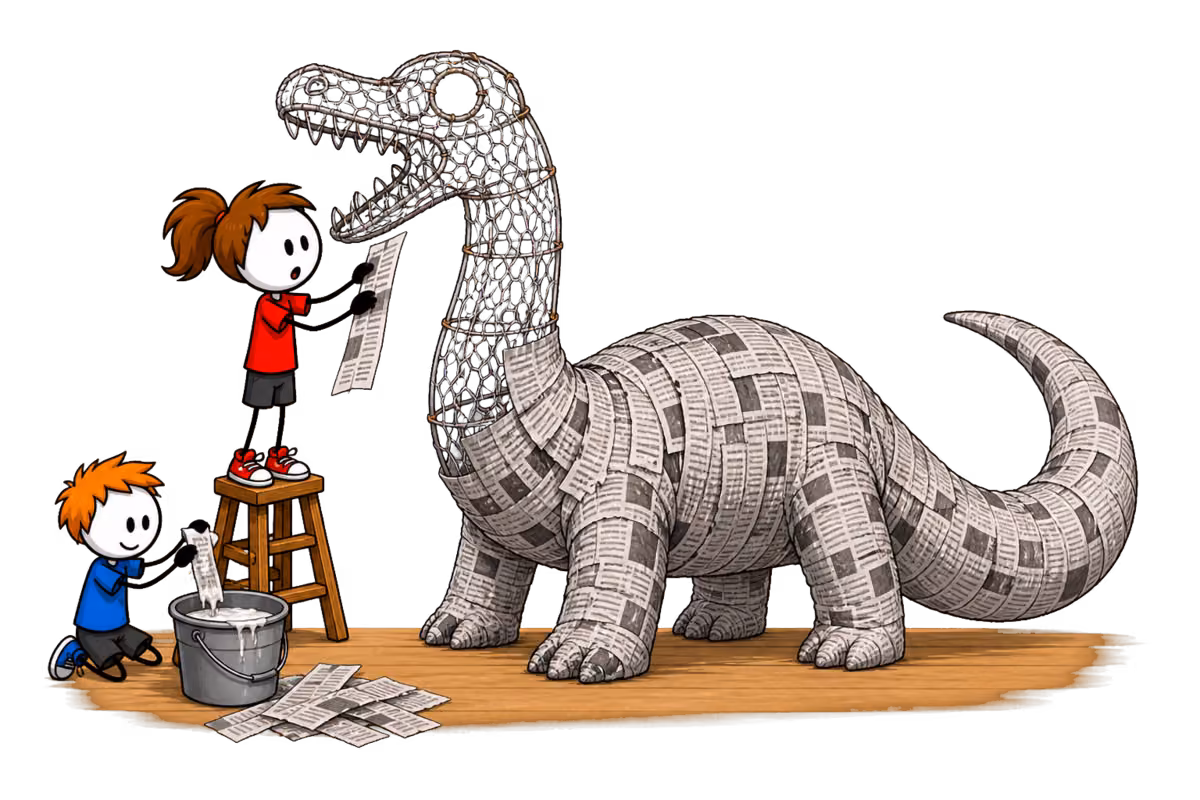 Papier mâché : deux enfants recouvrent de bandes de journal une grande sculpture de dinosaure dont la tête est encore une armature en grillage nu