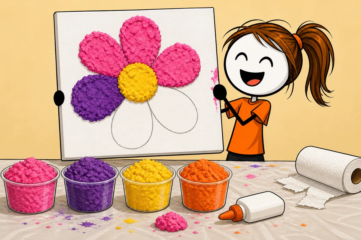 Tableau en pâte à papier colorée : deux enfants remplissent de pâte de papier rose et violette les pétales d'une fleur dessinée sur une toile blanche, à côté de pots de pâte colorée et d'un rouleau d'essuie-tout