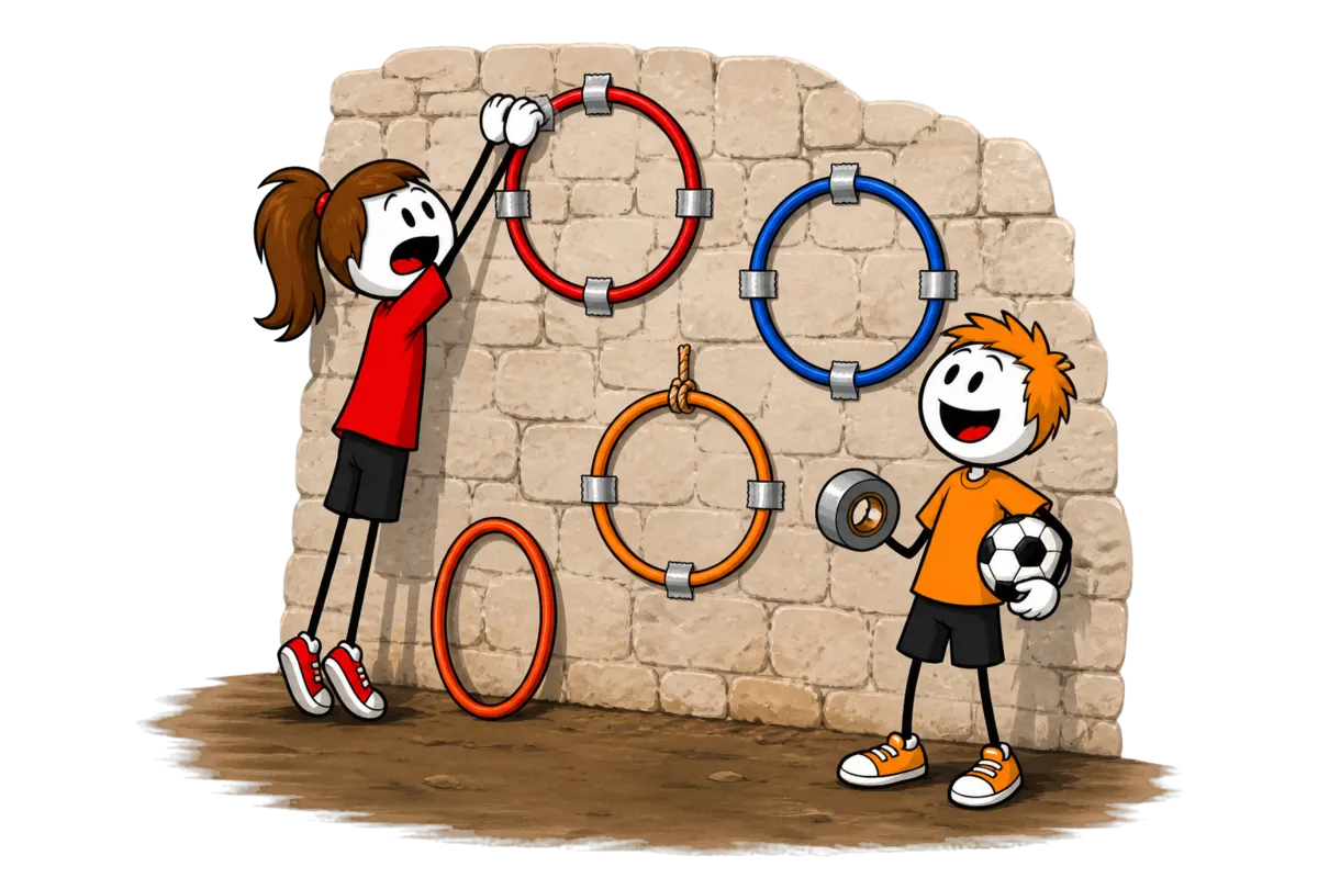 Monter le tir au but sans but de foot : trois cerceaux plaqués contre un mur de pierre par des bandes de gros scotch et un bout de ficelle, le centre de chaque cerceau resté libre pour laisser passer le ballon