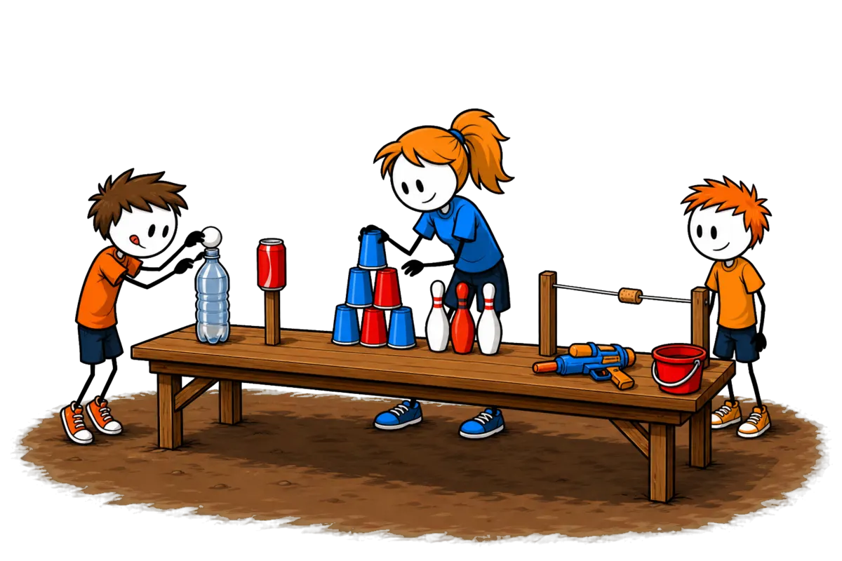 Installer les cibles du tir au pistolet à eau : une balle de ping-pong posée en équilibre sur une bouteille, une canette sur un piquet, une pyramide de gobelets et un bouchon enfilé sur une ficelle tendue