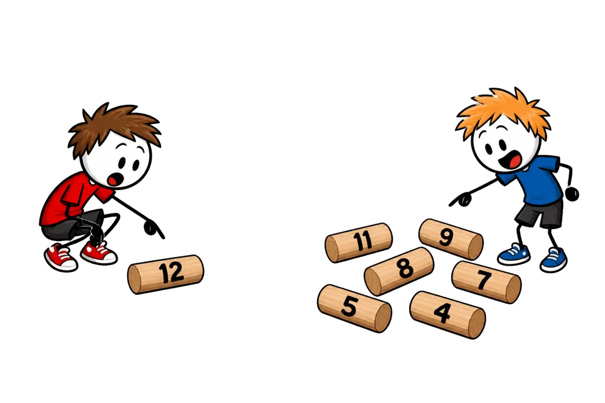 Décompte du mölkky : une quille couchée seule vaut son numéro, ici 12, tandis que six quilles couchées ensemble ne valent que 6 points