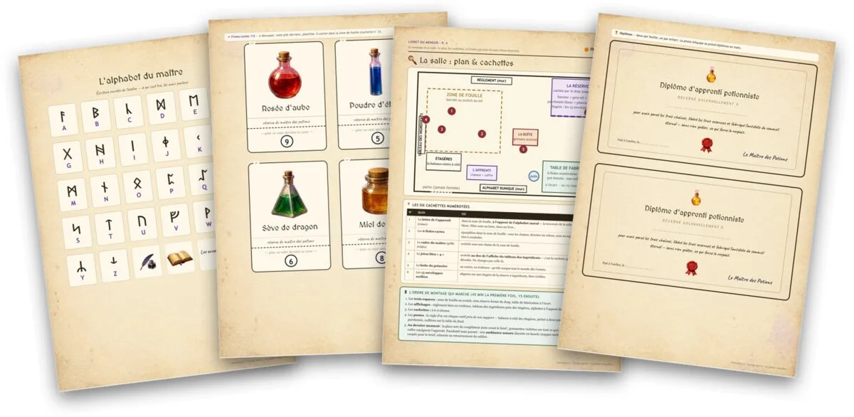 Escape game : la potion interdite — l'alphabet runique, les fioles-cartes, le plan des cachettes et les diplômes du kit à imprimer