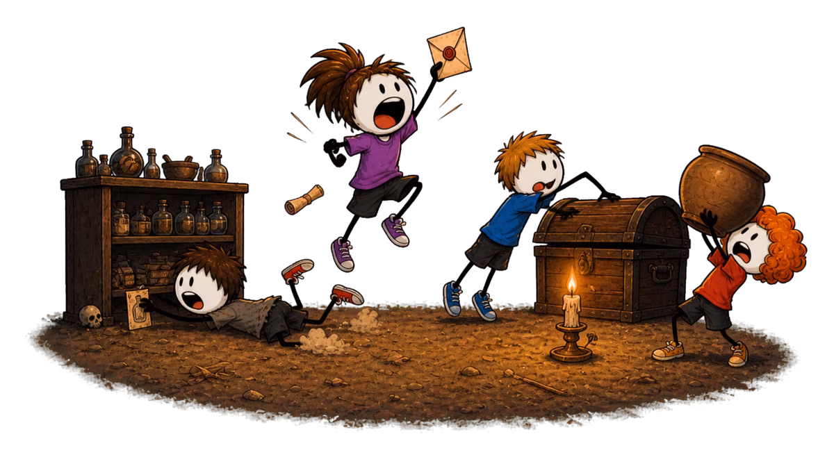 Escape game : la potion interdite — les apprentis fouillent l'atelier du maître et sortent les premières pièces des énigmes