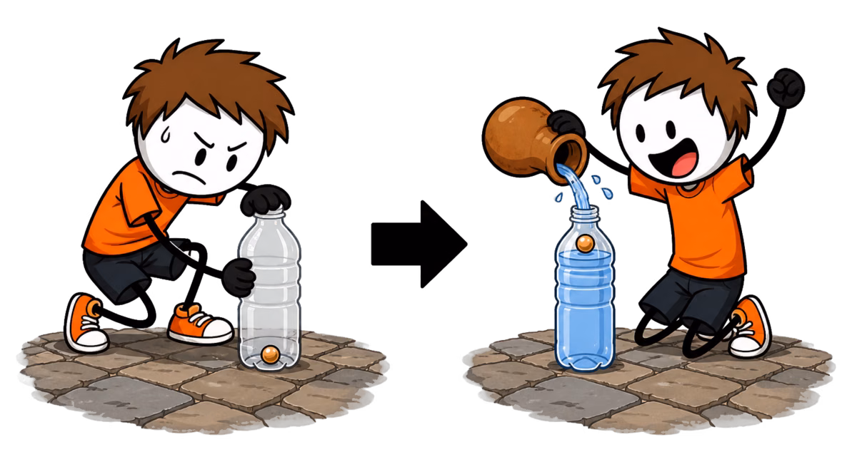 Escape game : la potion interdite — la perle remonte d'elle-même quand on verse l'eau dans la bouteille au goulot étroit