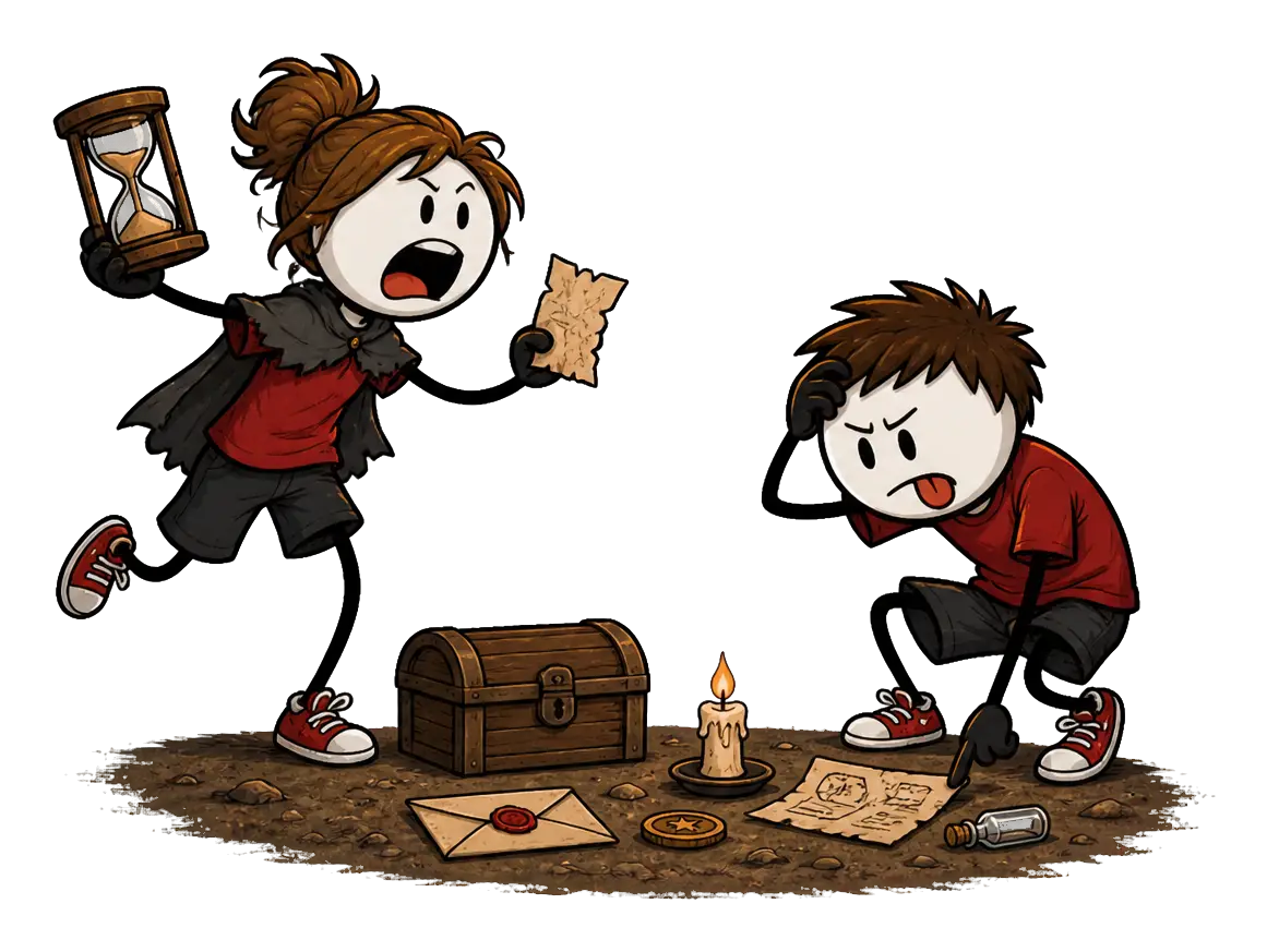Escape game : la potion interdite — deux animateurs testent les énigmes à blanc la veille, sablier en main