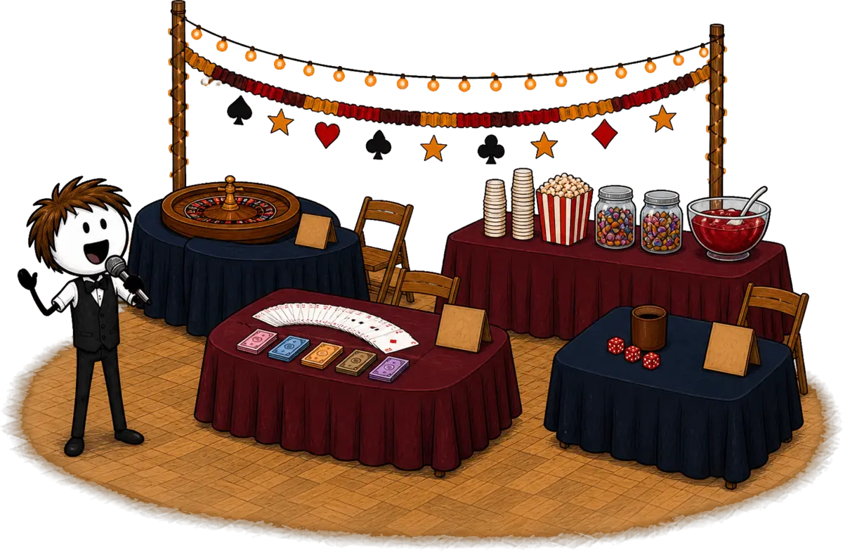 Soirée casino en colo : une salle d'activité habillée pour la veillée, nappes sombres, guirlandes lumineuses et tables de jeu, le directeur au micro