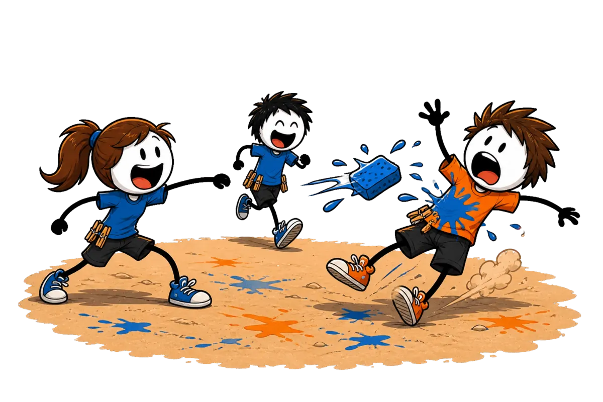 Sponge Ball : une joueuse lance son éponge gorgée de gouache bleue, un adversaire touché esquive, les pinces à linge des vies accrochées aux t-shirts