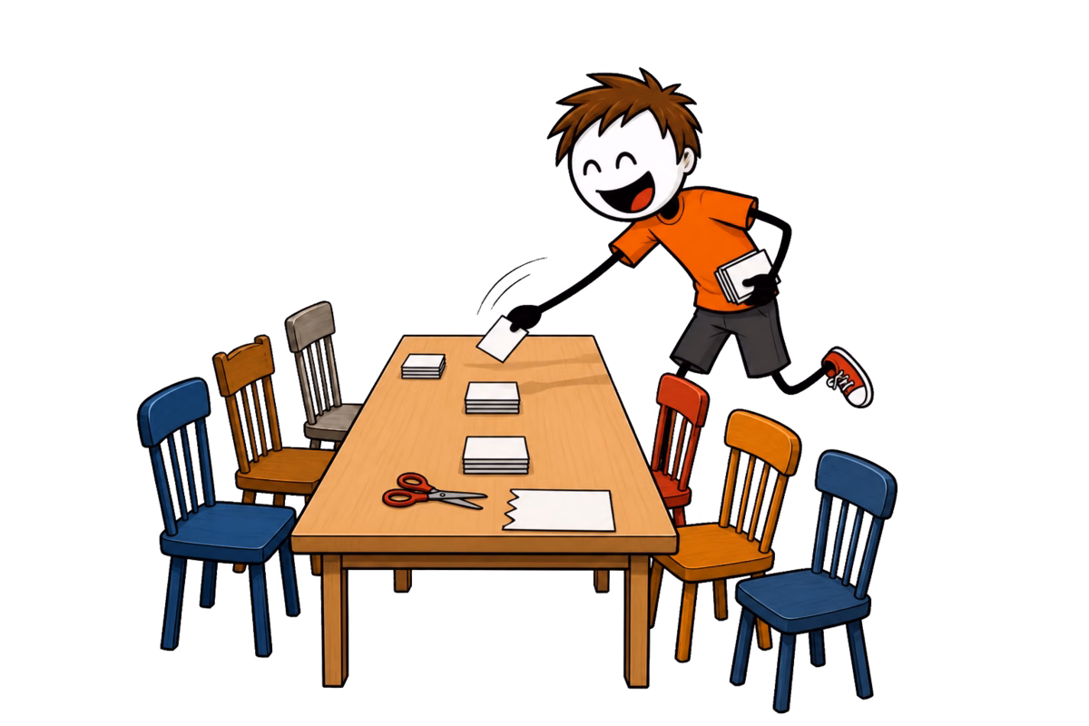 Montée descendante, la mise en place du quiz à imprimer : l'animateur pose un jeu de cartes-réponses découpées entre chaque paire de chaises, le long de la table