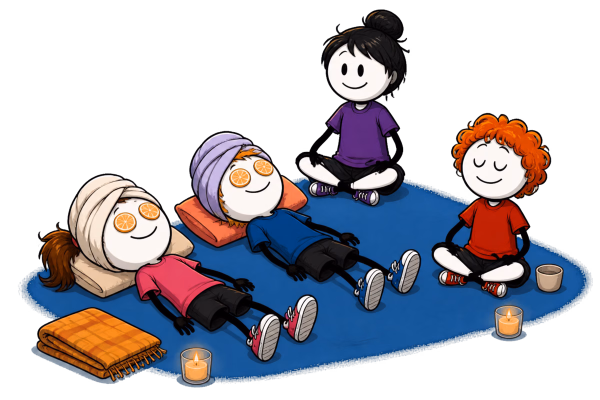 Spa de la colo : deux enfants allongés sur un tapis, serviette en turban et rondelles sur les paupières, pendant que deux autres attendent assis en tailleur