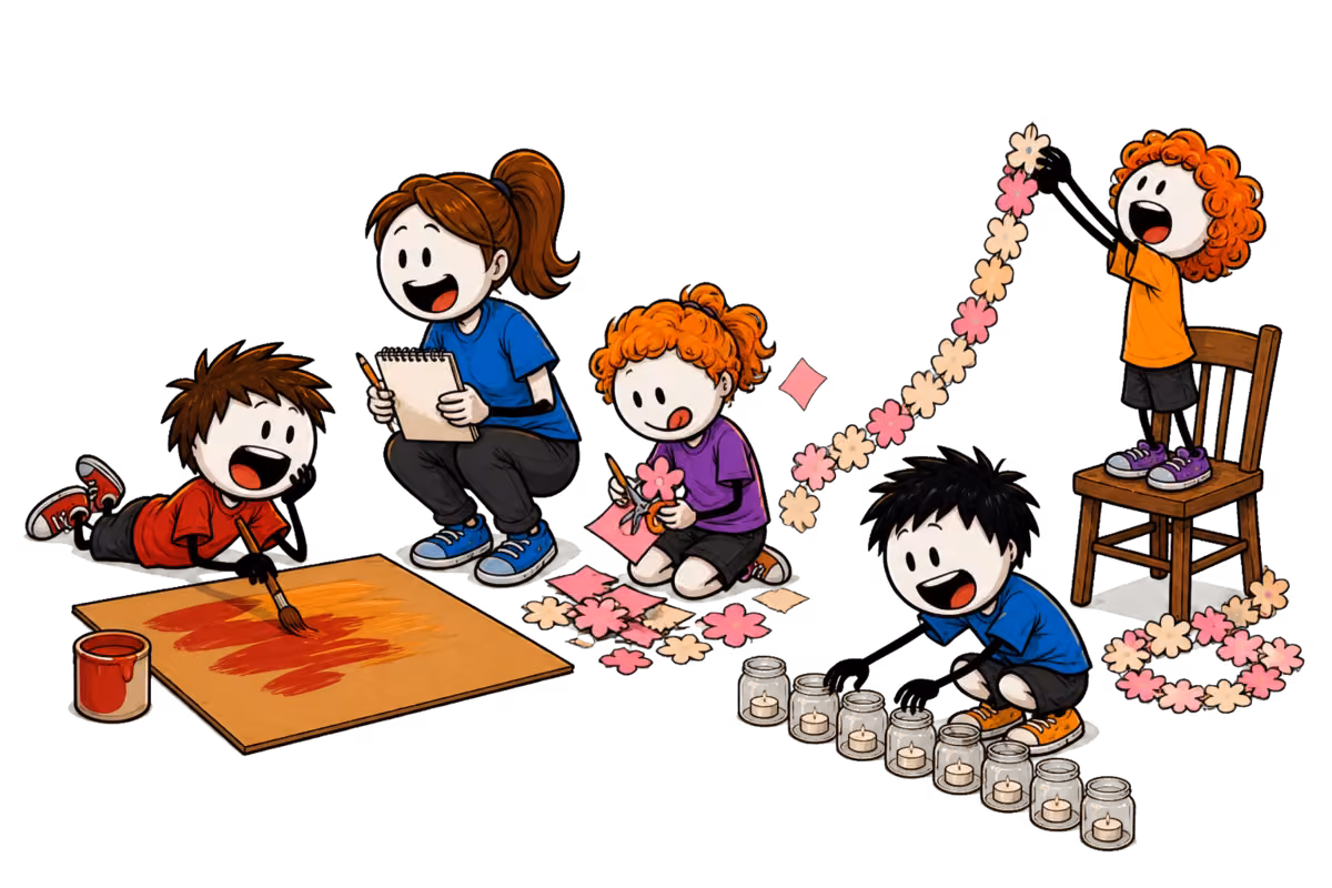 Spa de la colo : les enfants montent la salle, l'un peint la pancarte d'entrée, une autre découpe des fleurs en papier et un troisième accroche la guirlande