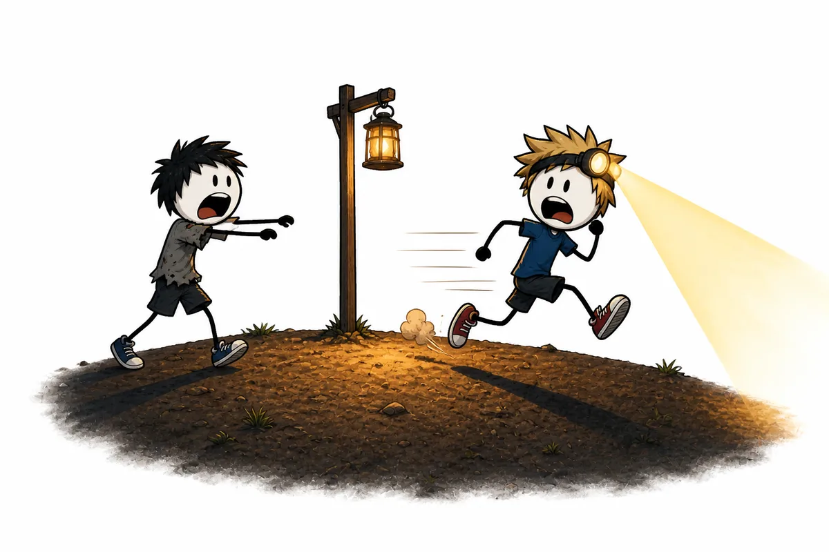 Zombieland : un zombie aux vêtements déchirés poursuit un joueur équipé d'une lampe frontale pendant la veillée