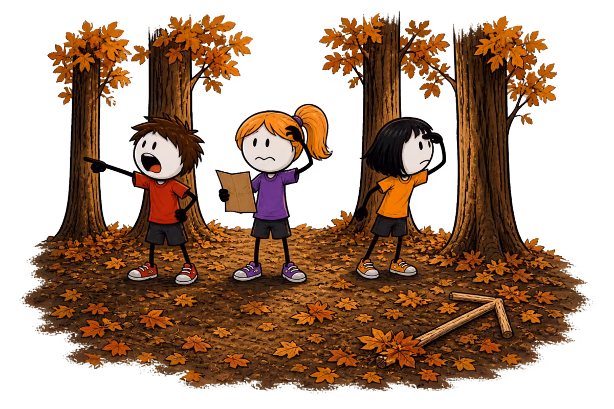Jeu de piste en forêt : une équipe de trois enfants hésite sur la direction, feuille de route en main, sans voir la flèche de bâtons à moitié cachée sous les feuilles mortes