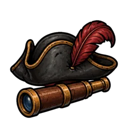 Chasse au trésor, le capitaine Barbe-Sèche : un tricorne noir à plume rouge et une longue-vue