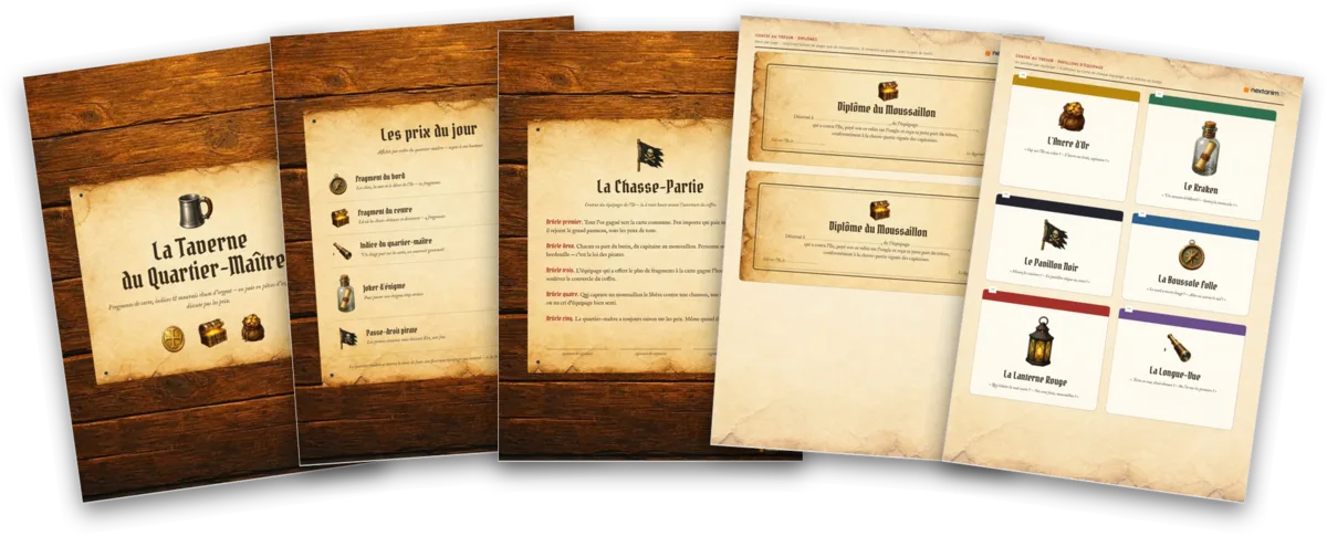 Le kit de la chasse au trésor à imprimer : l'affiche de la taverne, les prix, la chasse-partie, les diplômes et les pavillons d'équipage en éventail
