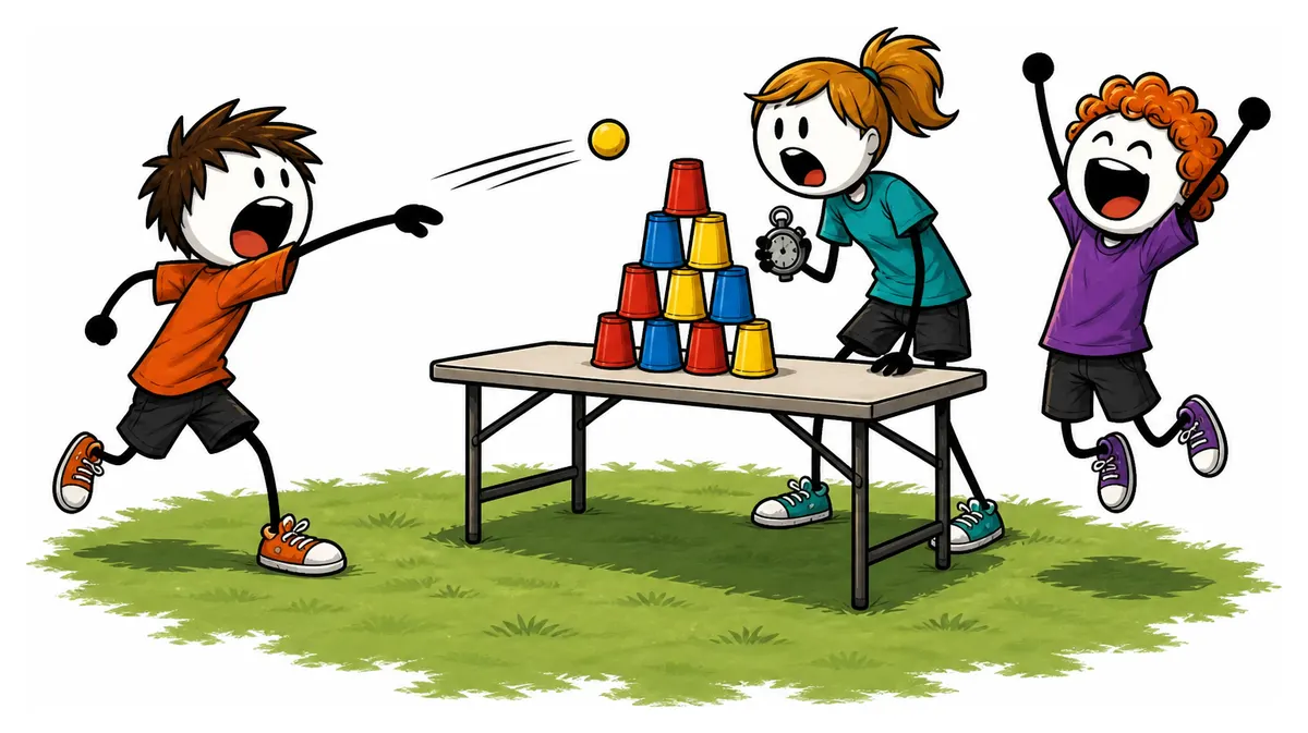 Jeu de l'oie géant : au stand d'adresse, un joueur lance sa balle vers la pyramide de gobelets sous le chrono de l'animatrice