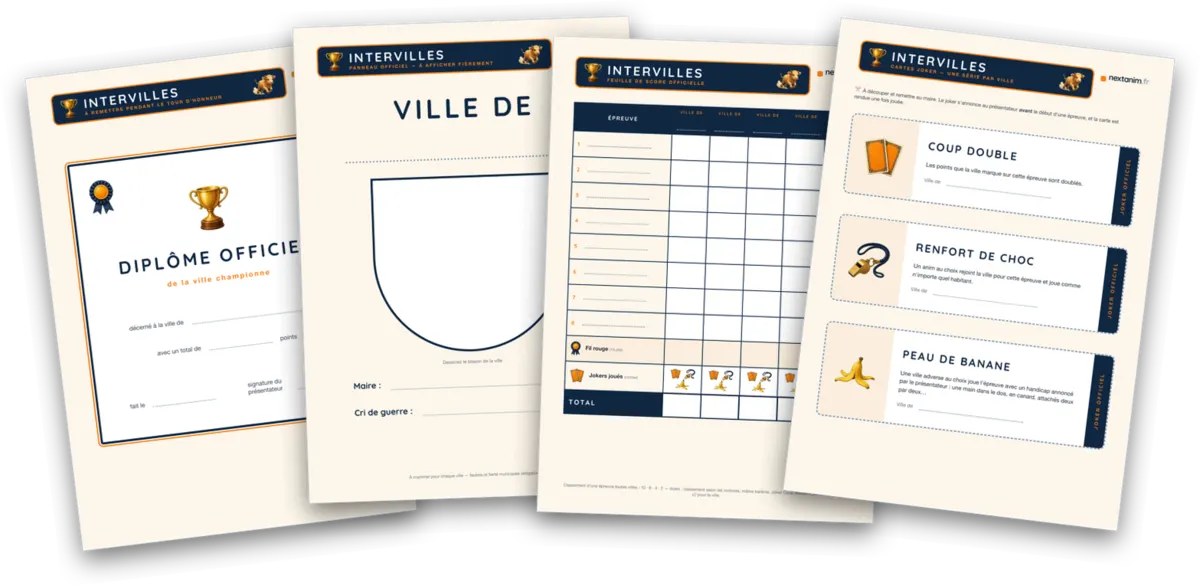 Intervilles en colo : l'aperçu du kit à imprimer, quatre pages en éventail — le diplôme de la ville championne, le panneau de ville à colorier, la feuille de score officielle et les trois cartes joker à découper