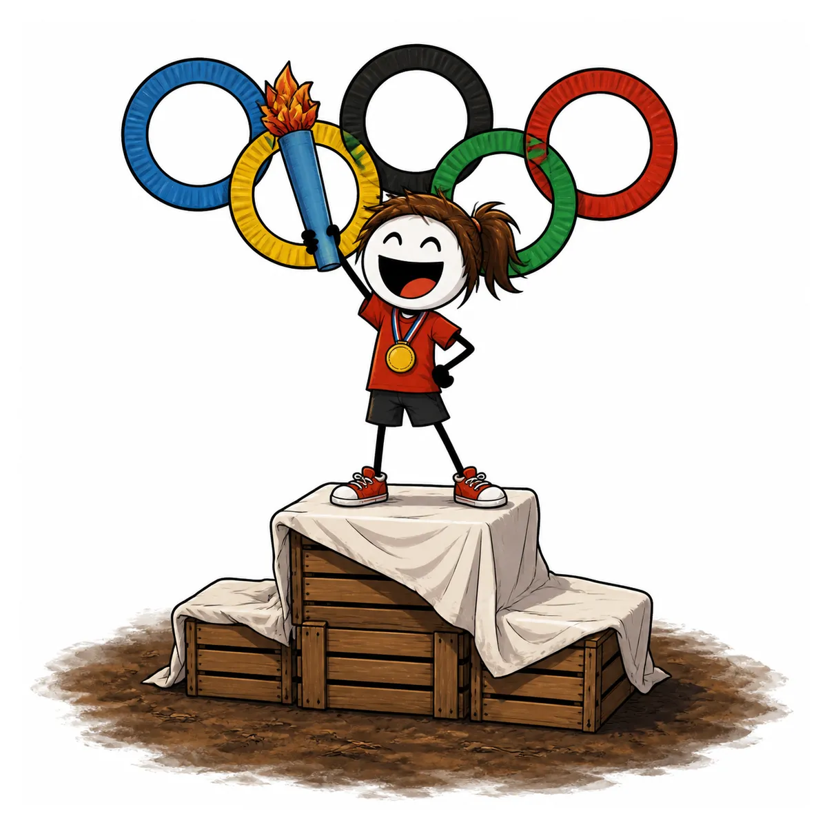 Principe des olympiades en colo : une joueuse médaillée brandit le flambeau en frite de piscine sur la plus haute marche du podium en cagettes, sous les cinq anneaux en assiettes de carton peintes