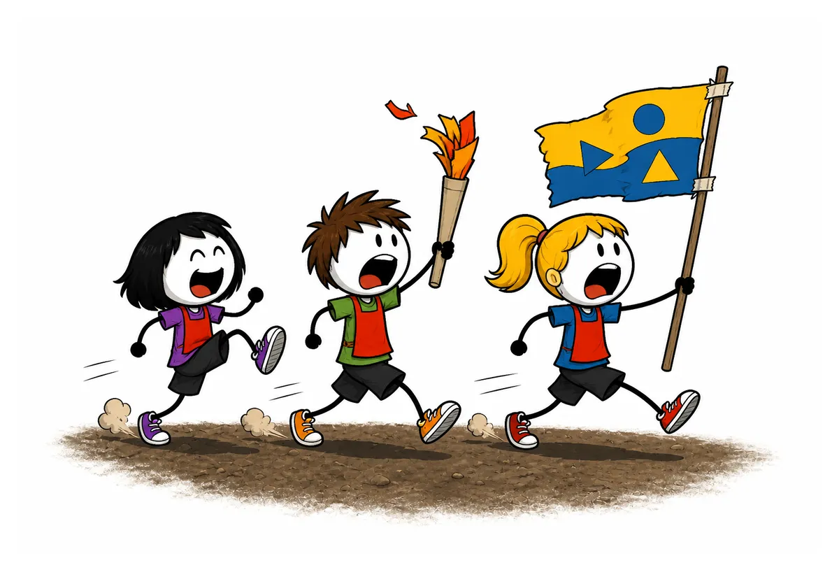 Cérémonie d'ouverture d'olympiades en colo : la porte-drapeau ouvre le défilé en criant le cri de ralliement, suivie du porteur du flambeau en frite de piscine dont une flammèche de crépon se détache
