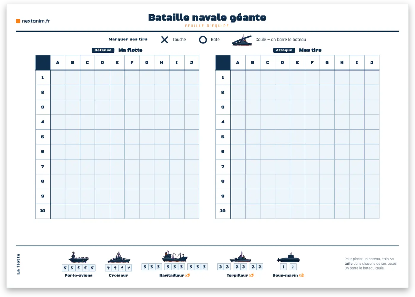 Bataille navale géante, la feuille d'équipe à imprimer : les deux grilles et le rappel de la flotte à barrer