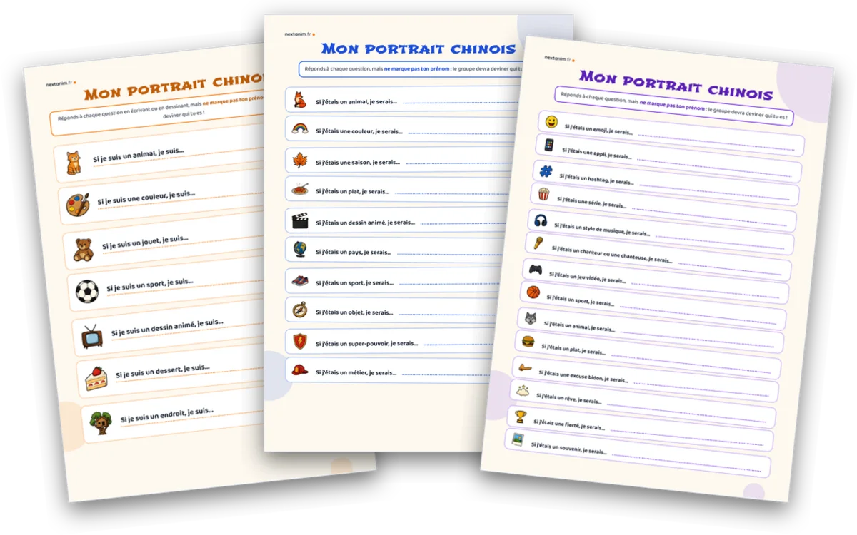 Portrait chinois : les trois questionnaires à imprimer du kit en éventail — enfants, 9-12 ans et ados