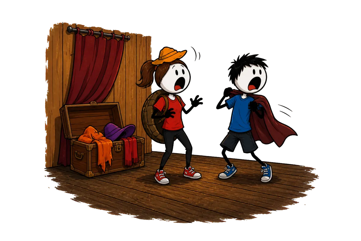 Conte animé : deux animateurs à moitié déguisés surgissent des coulisses de la veillée, figés de surprise devant ce que le meneur vient d'inventer