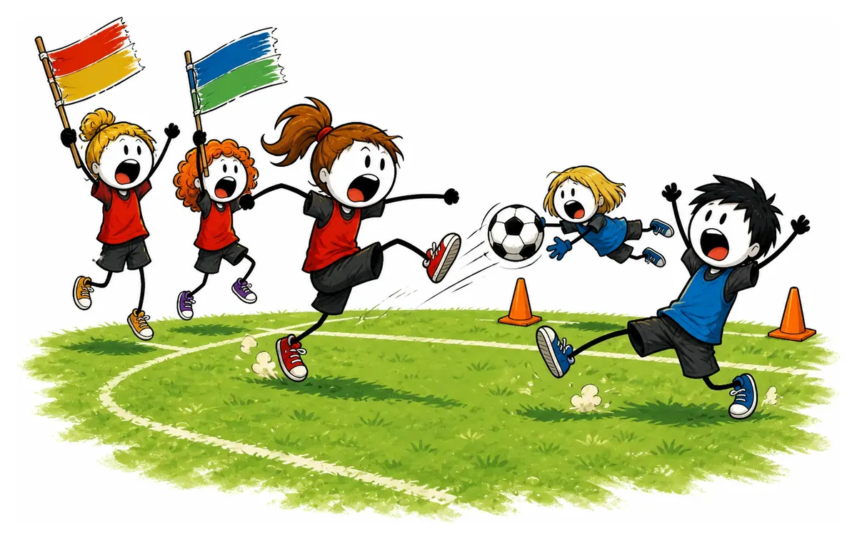Tournoi de foot en colo : une joueuse en dossard rouge frappe le ballon sur la pelouse pendant que le gardien de l'équipe bleue plonge pour l'arrêter, deux supportrices brandissant le drapeau de leur nation