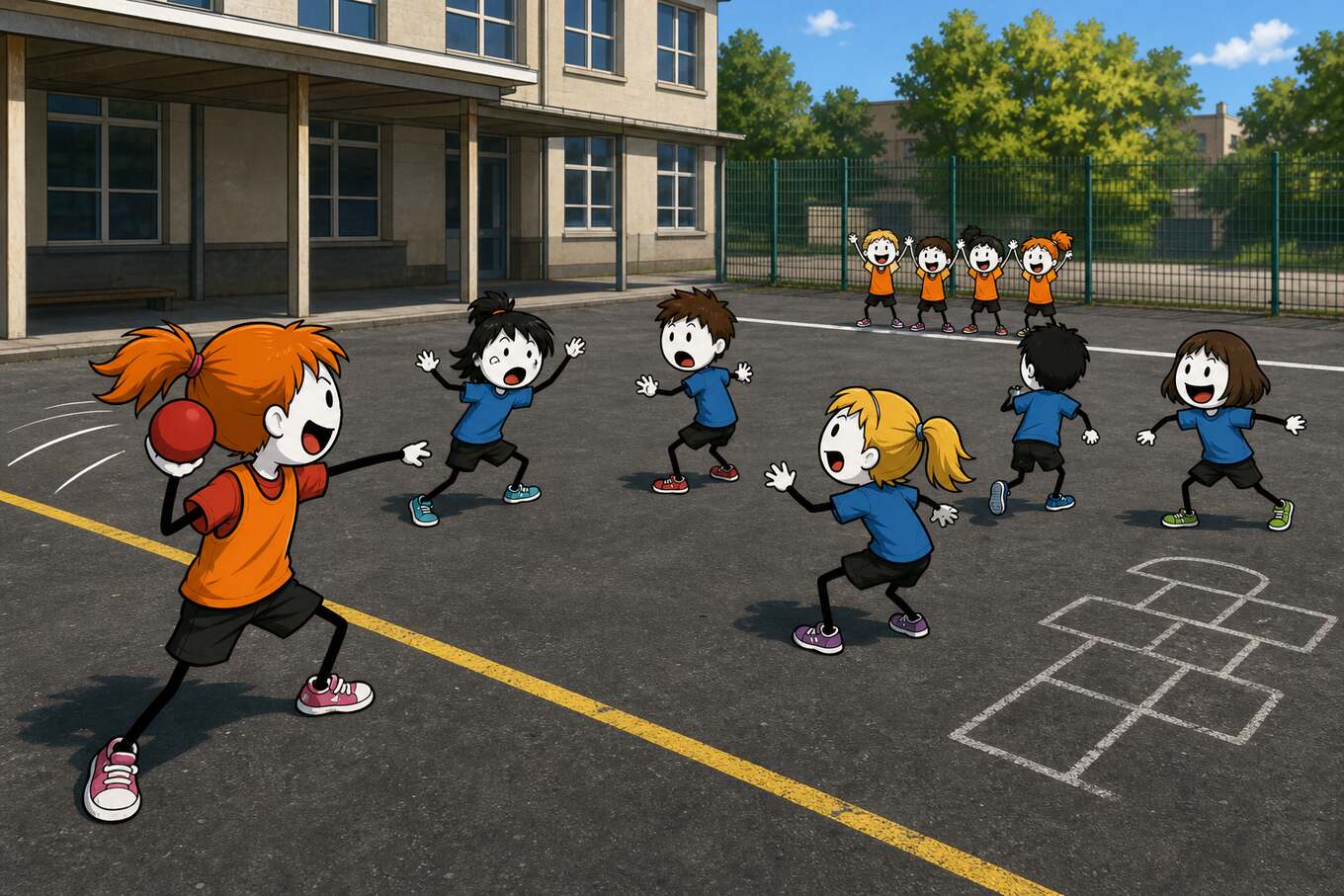 Balle aux prisonniers dans une cour d'école : une joueuse en dossard orange arme son tir par-dessus la ligne centrale et quatre prisonniers de son équipe sautent derrière le camp bleu pour réclamer la balle