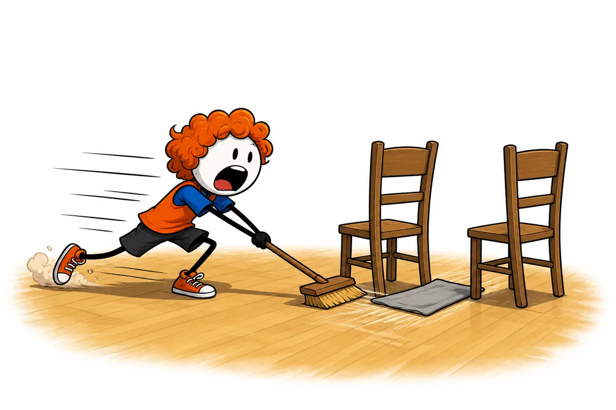 Hockey serpillère : une joueuse en pleine glissade vient de pousser le chiffon entre les deux chaises qui font le but adverse, balai au ras du parquet.