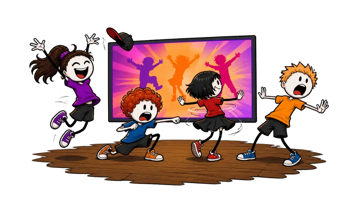 Soirée Just Dance & Karaoké en colo : quatre enfants alignés reproduisent une chorégraphie devant le grand écran, celle du premier plan saute à pieds joints les bras en l'air et sa casquette s'envole