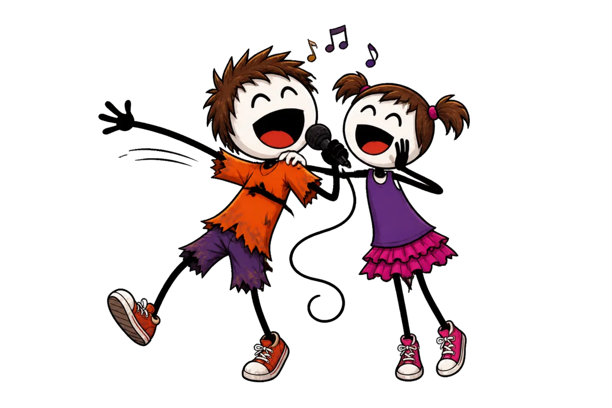Soirée Just Dance & Karaoké en colo : deux enfants se partagent le même micro pour un duo, l'un penché en arrière un bras tendu, l'autre sur la pointe des pieds