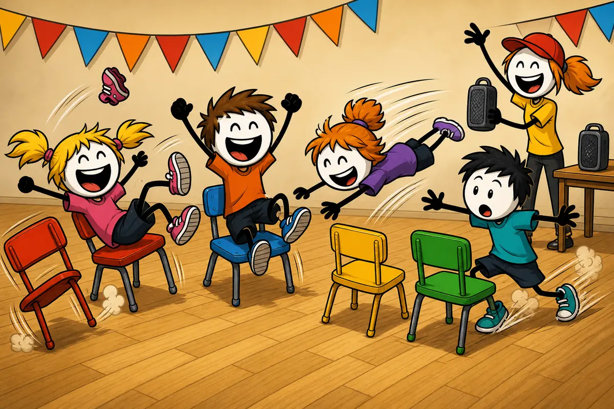 Chaises musicales, petit jeu d'animation : la musique vient de s'arrêter et les enfants plongent tous en même temps sur le cercle de chaises, le dernier encore debout bras écartés