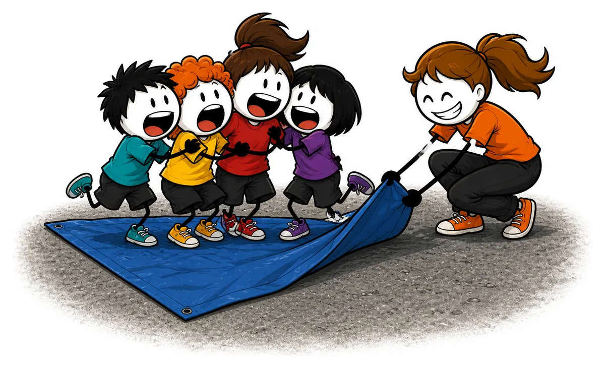 Jeu de la banquise : l'animatrice replie un coin de la bâche pendant que quatre enfants serrés les uns contre les autres tiennent dessus, dont deux en équilibre sur un pied