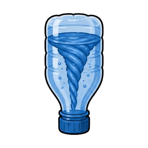 Expérience de la tornade en bouteille : un tourbillon d'eau bleue en spirale se creuse dans une bouteille retournée