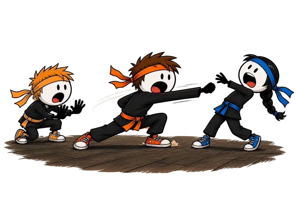 Jeu du ninja : un joueur détend le bras d'un seul trait vers la main d'une joueuse qui se cambre en arrière pour l'esquiver, pendant qu'un troisième reste figé accroupi à côté