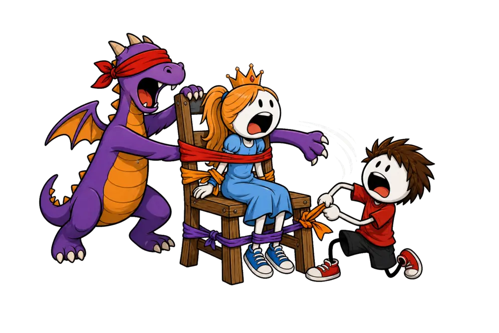 La princesse et le dragon : le prince tire sur un nœud de foulard noué au pied de la chaise pendant que le dragon aux yeux bandés, une patte sur le dossier, balaie l'air au-dessus de lui et que la princesse couronnée attend sans bouger