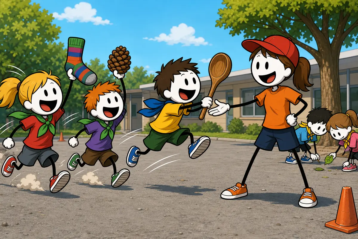 La chasse aux objets, petit jeu d'équipes en colonie de vacances et en accueil de loisirs : des enfants rapportent en courant une cuillère en bois à l'animatrice restée à son point