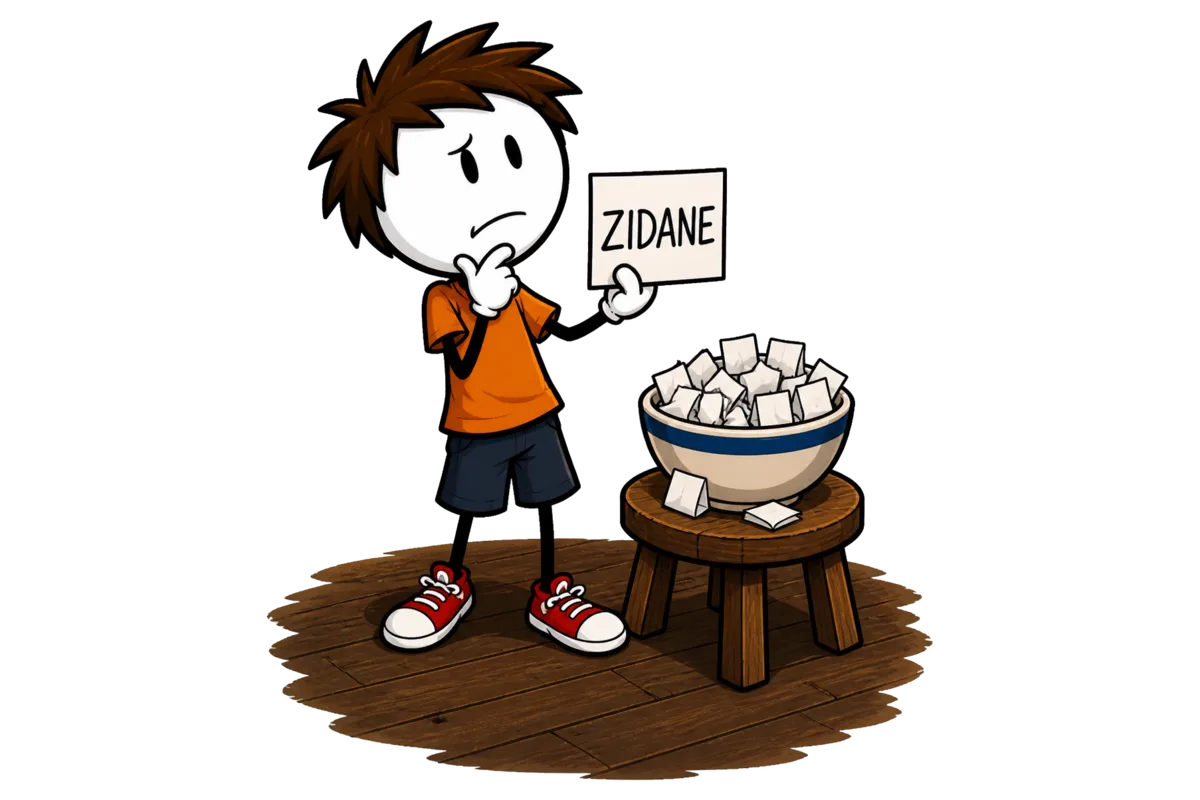 Veillée Time's Up : un joueur vient de piocher et lit son papier marqué Zidane, à côté du saladier rempli de petits papiers pliés