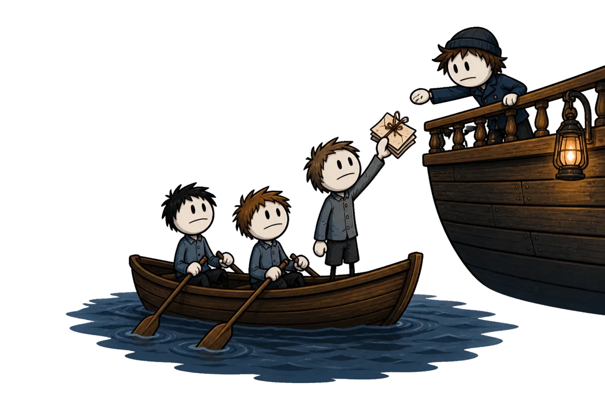 La légende du Hollandais volant : le canot des marins silencieux tend un paquet de lettres vers le bastingage d'un navire vivant, à la lanterne