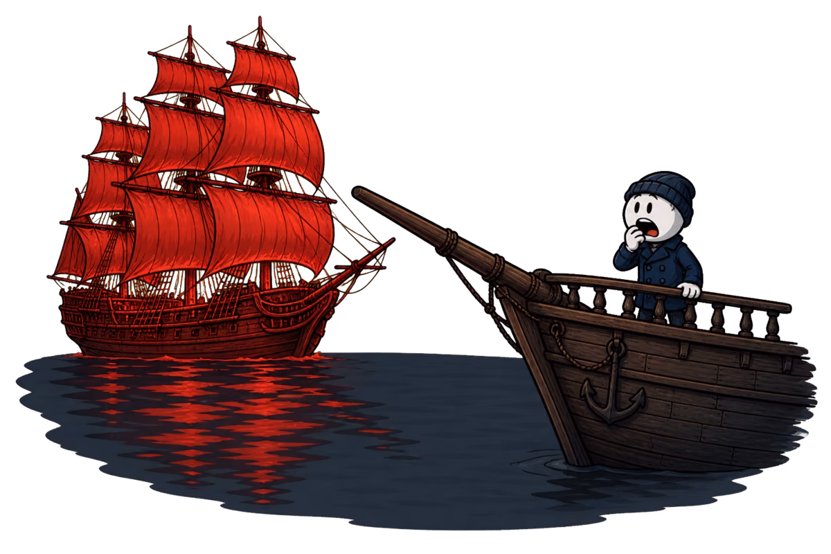 Le vaisseau fantôme du Hollandais volant coupe l'étrave d'un navire de guerre dans sa lueur rouge, voiles gonflées sur une mer d'huile, le marin de quart figé