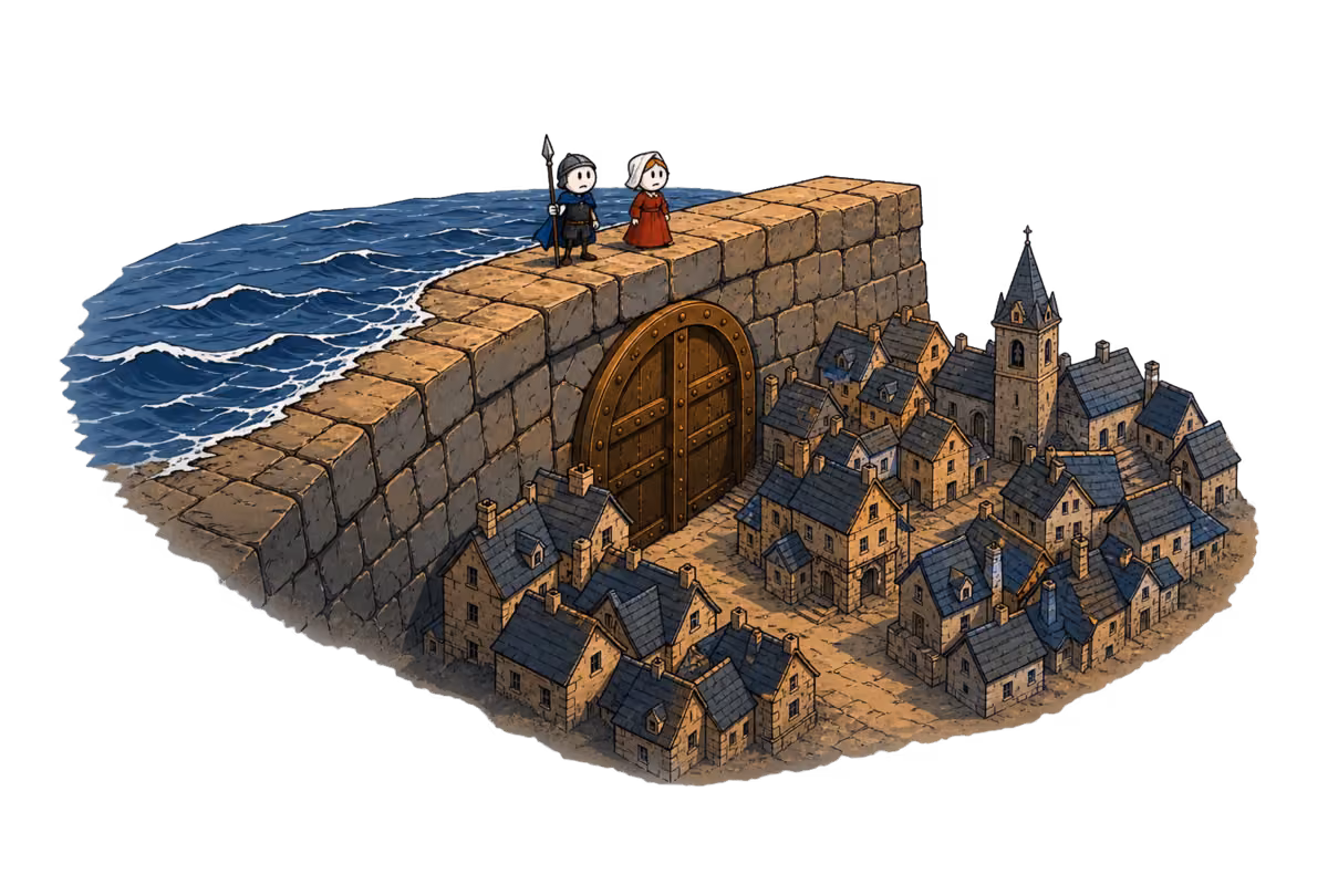 La ville d'Ys derrière sa digue, plus bas que la mer : les toits au fond de la cuvette, la porte de bronze fermée et la mer qui affleure le haut du mur