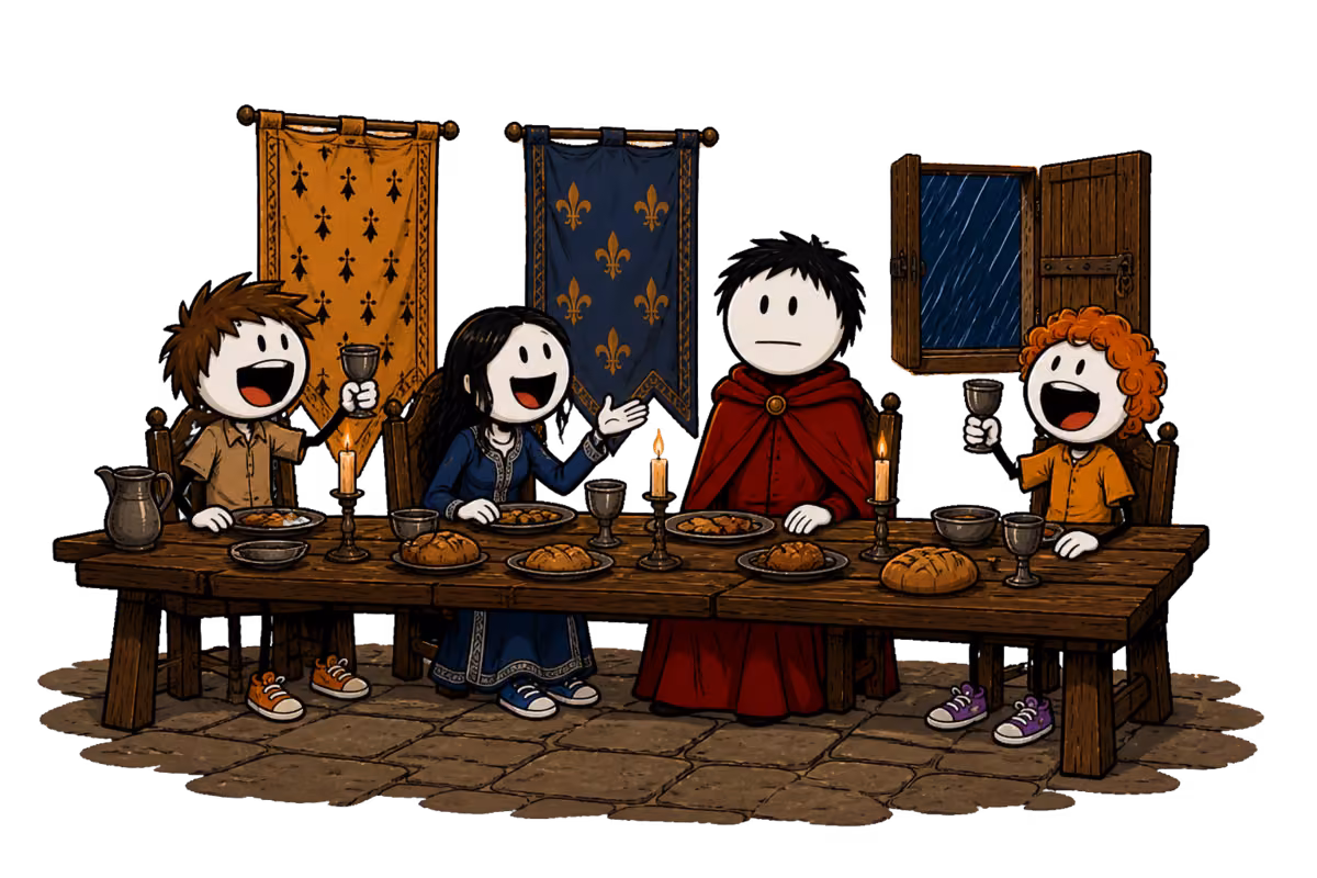 La fête de Dahut dans la légende de la ville d'Ys : le banquet aux chandelles où tous les convives rient, sauf l'étranger en manteau rouge, immobile