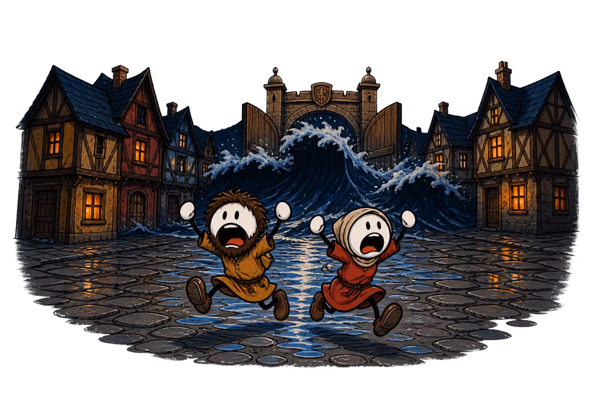 La mer entre dans la ville d'Ys : la porte de bronze grande ouverte et un mur d'eau noire qui déferle dans la grand-rue pendant que les habitants fuient