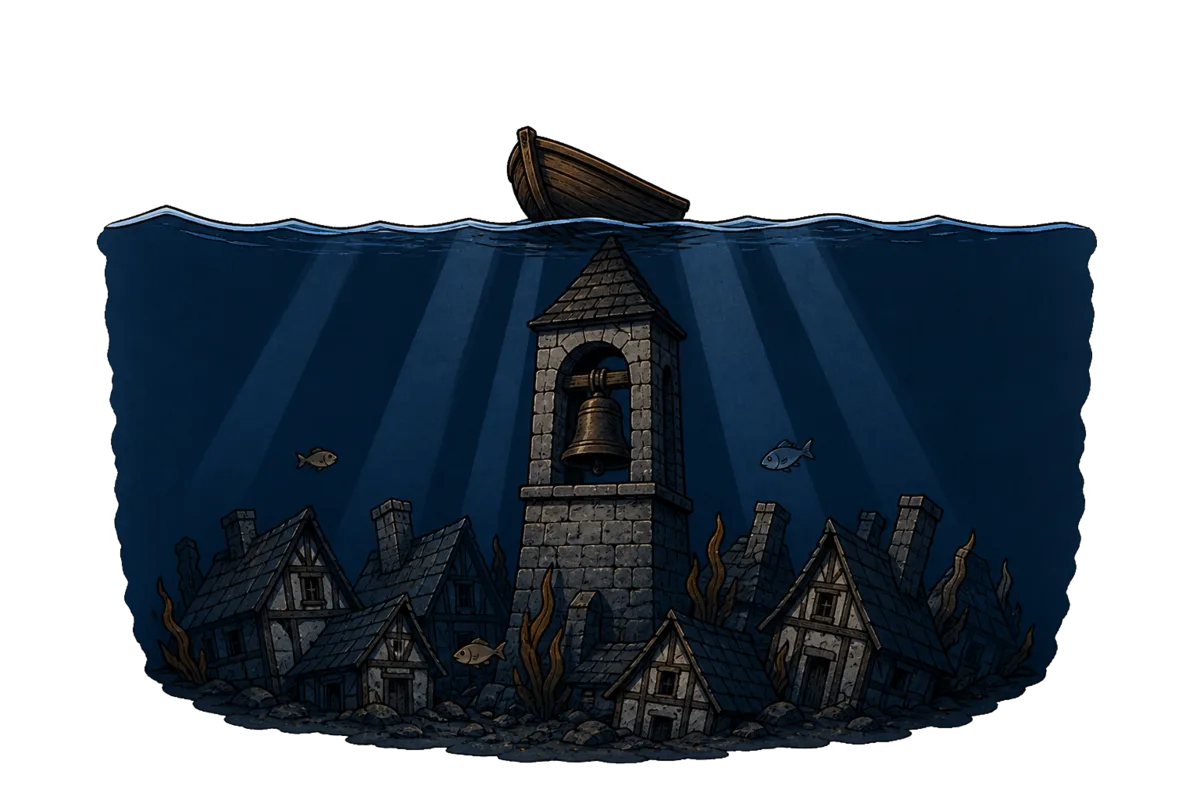 Les cloches de la ville d'Ys engloutie : les toits et le clocher posés au fond de l'eau sous la surface, la coque d'une barque de pêcheurs au-dessus