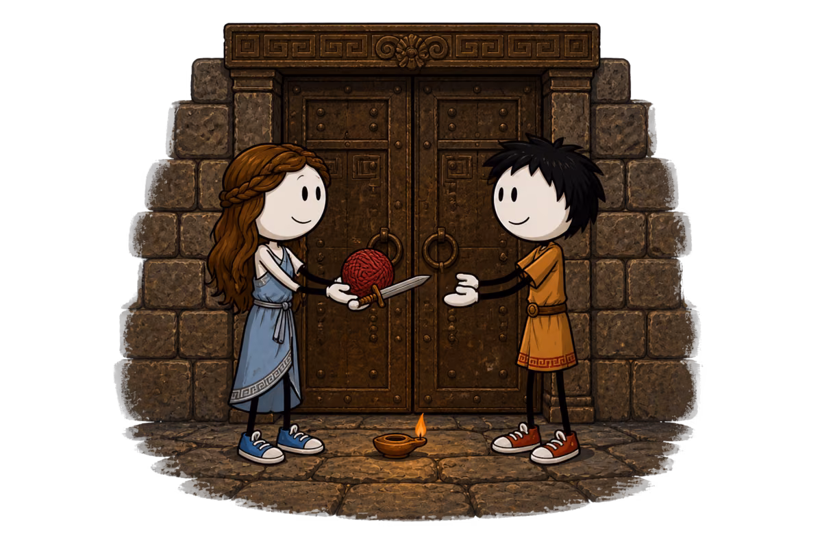 Thésée et le Minotaure : Ariane tend la pelote de fil rouge et une épée courte à Thésée devant la porte de bronze du labyrinthe, de nuit